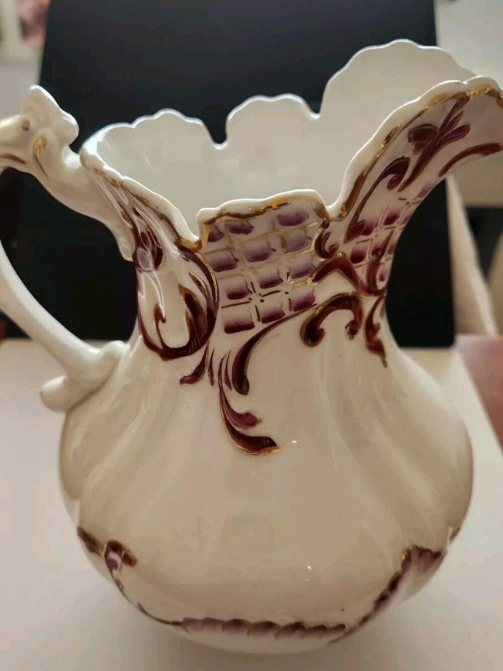 American DRESDEN PORCELAIN LARGE WHITE Cranberry WATER PITCHER 7" ORNATE GOLD